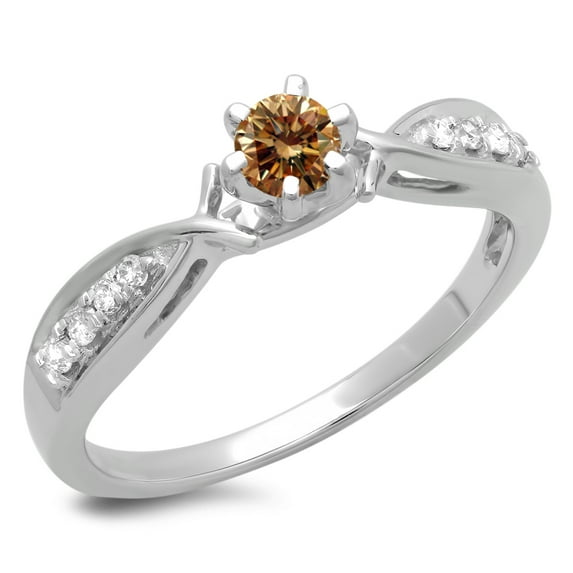 0.33 Carat (ctw) 14K White Gold Round Cut Champagne & White Diamond Ladies Bridal Solitaire With Accents Engagement Ring