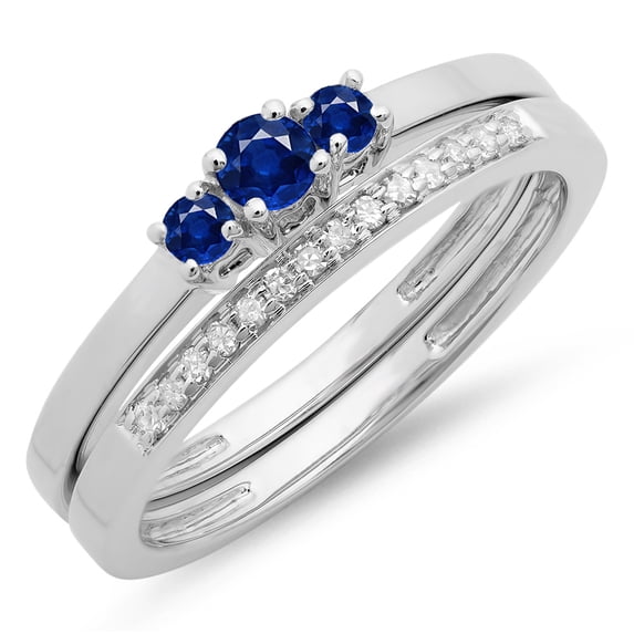 0.33 Carat (ctw) 18K White Gold Round Cut Blue Sapphire & White Diamond Ladies Bridal Engagement 3 Stone Ring With Match