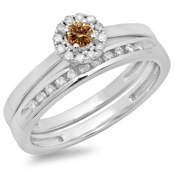 0.33 Carat (ctw) 18K White Gold Round Cut Champagne & White Diamond Ladies Bridal Halo Engagement Ring With Matching Ban