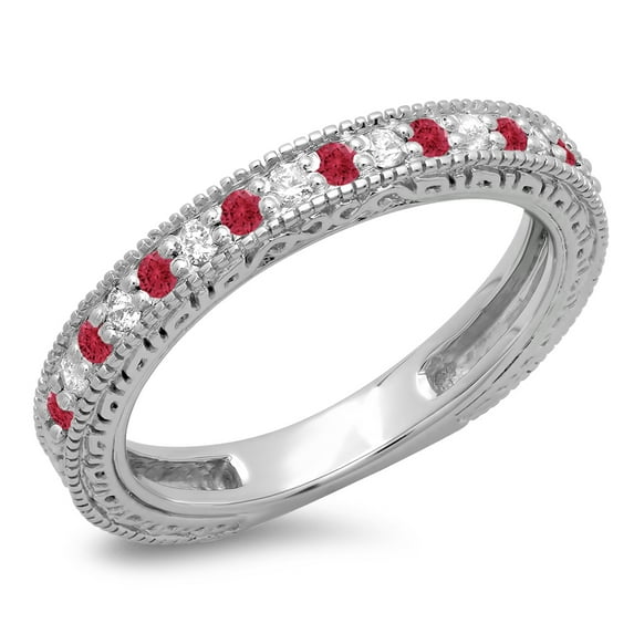 0.33 Carat (ctw) 18K White Gold Round Cut Red Ruby & White Diamonds Ladies Millgrain Anniversary Wedding Stackable Band