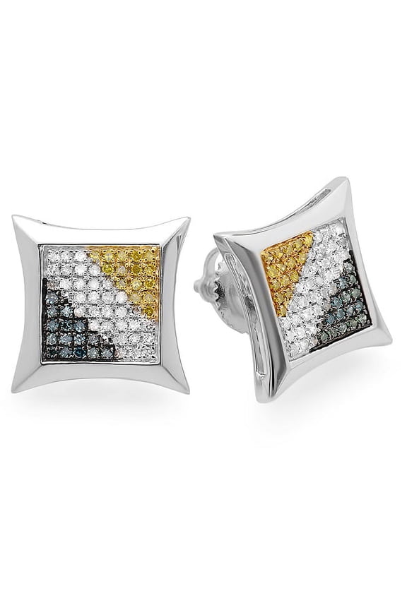 0.33 Carat (ctw) Blue, White, & Yellow Round Diamond Micro Pave Setting Kite Shape Stud Earrings 1/3 CT