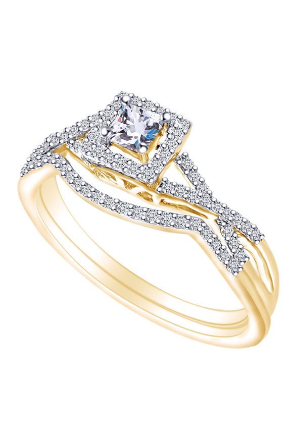 0.34 Ct Princess & Round White Natural Diamond Infinity Halo Engagement Ring Bridal Set 14k Solid Yellow Gold