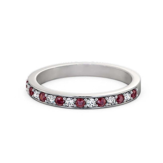0.34 Ct Round Brilliant Cut Genuine Diamond Ruby Gemstone Unique Half Eternity Band for Women 14K White Gold Size 7.5