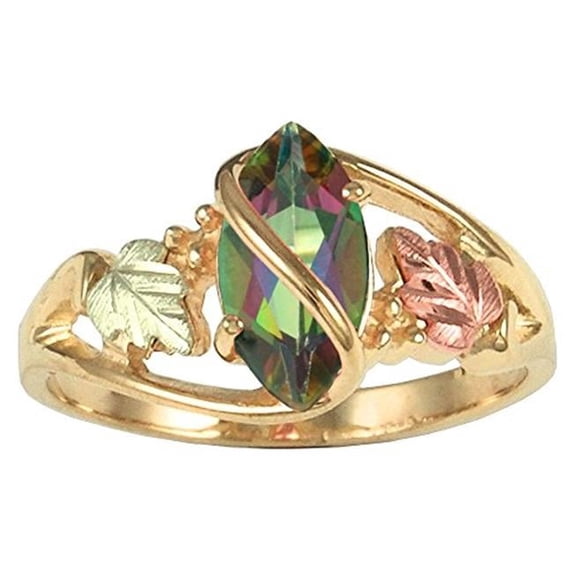 0.34 in. x 0.76 in. SS & Black Hills Gold Ring, 605mm Genuine Mystic Fire Topaz, 12K Green & Rose Gold Leaves - 80