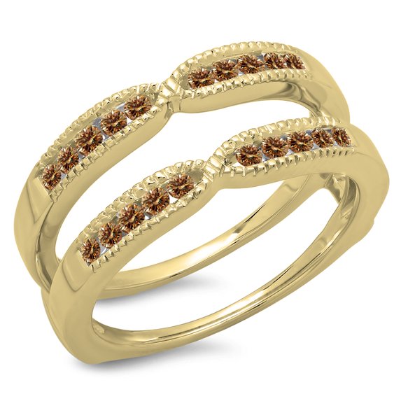 0.35 Carat (ctw) 10K Yellow Gold Round Cut Champagne Diamond Ladies Millgrain Anniversary Wedding Band Guard Double Ring