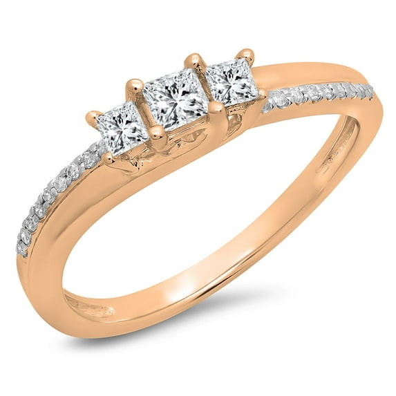0.35 Carat (ctw) 14K Rose Gold Princess & Round White Diamond Ladies Bridal 3 Stone Swirl Wave Engagement Ring