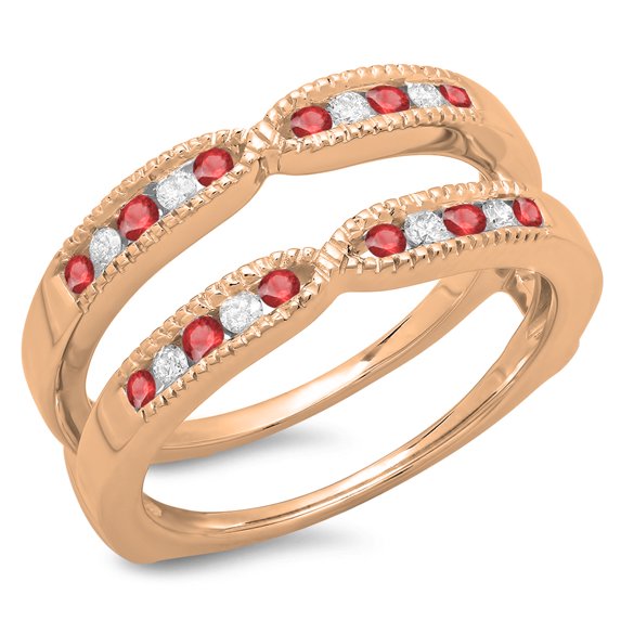 0.35 Carat (ctw) 18K Rose Gold Round Cut Ruby & White Diamond Ladies Millgrain Anniversary Wedding Band Guard Double Rin