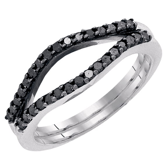 0.35 Carat (ctw) 18K White Gold Round Black Diamond Ladies Anniversary Enhancer Guard Double Ring Wedding Band 1/3 CT