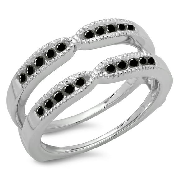 0.35 Carat (ctw) 18K White Gold Round Cut Black Diamond Ladies Millgrain Anniversary Wedding Band Guard Double Ring 1/3