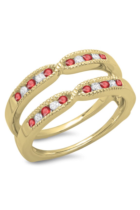 0.35 Carat (ctw) 18K Yellow Gold Round Cut Ruby & White Diamond Ladies Millgrain Anniversary Wedding Band Guard Double R