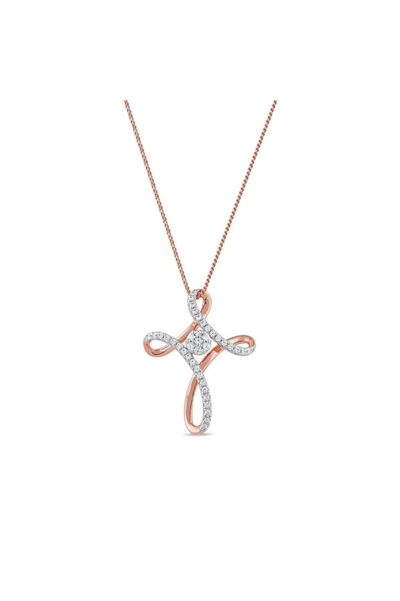 0.35 T.C.W Round Shape Genuine Diamond Unique Looping Cross Pendant Necklace for her in Solid 14K Rose Gold With 18 inches chain