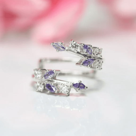 0.35Ct Purple Amethyst and White Diamond Open Leaf Ring Enhancer Wrap in 925 Sterling Silver