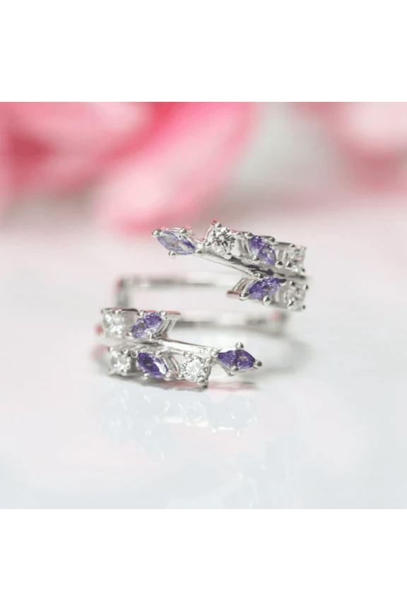 0.35Ct Purple Amethyst and White Diamond Open Leaf Ring Enhancer Wrap in 925 Sterling Silver
