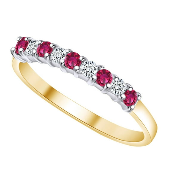 AFFY 0.36 Carat(Ctw) Simulated Ruby & White Natural Diamond 9 Stone Eternity Wedding Band Ring 14k Solid Yellow Gold Ring Size-5