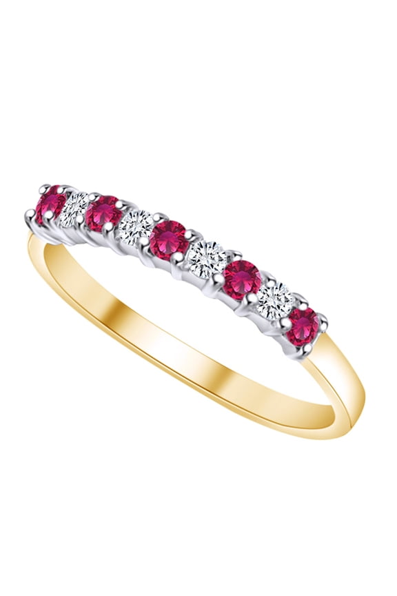 0.36 Carat(Ctw) Simulated Ruby & White Natural Diamond 9 Stone Eternity Wedding Band Ring 14k Solid Yellow Gold Ring Size-6.5