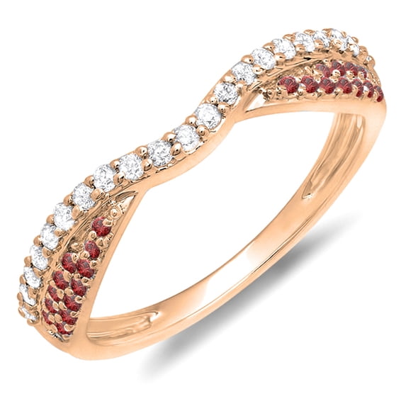 0.36 Carat (ctw) 10k Rose Gold Round Red Ruby & White Diamond Ladies Anniversary Wedding Band Stackable Ring 1/3 CT