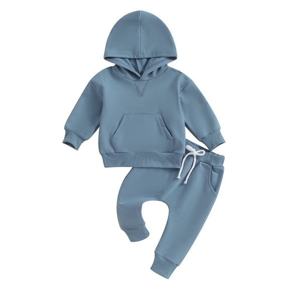 0-3Y Autumn Baby Boys Girls Clothes Sets 6M 12M 18M 24M 3Y 2pcs Solid Color Long Sleeve Hooded Pullover Tops Elastic Waist Pants