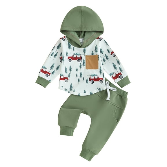 0-3Y Infant Baby Boys Christmas Clothes Set 6M 12M 18M 24M 3Y Long Sleeve Dinosaur/Deer Print Hoodie with Elastic Waist Pants