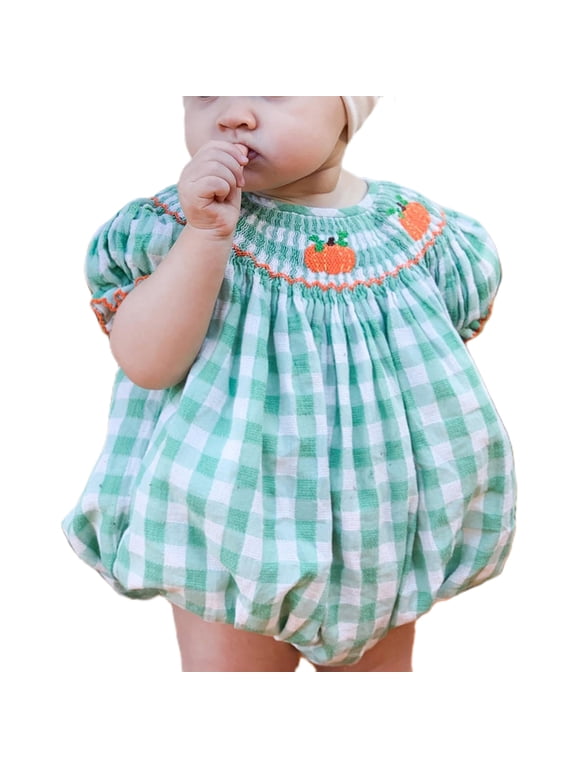 0-3Years Baby Girl Halloween Outfits Pumpkin Plaid Bubble Romper Short Puff Sleeve Bodysuit Cute One Piece Clothes