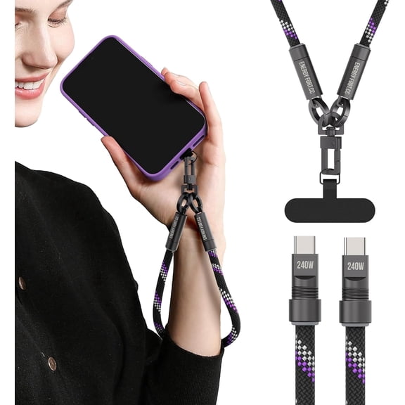 SIKAI CASE 2 in 1 Phone Lanyard and USB C Charging Cable 1 ft Phone Crossbody Strap with 240W Fast Charging Anti Theft Drop Protection for Galaxy and iPhone Cases