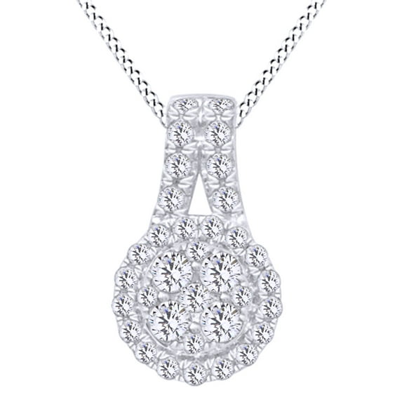 AFFY 0.4 CT Round Cut White Natural Diamond Cluster Pendant Necklace In 14k White Gold
