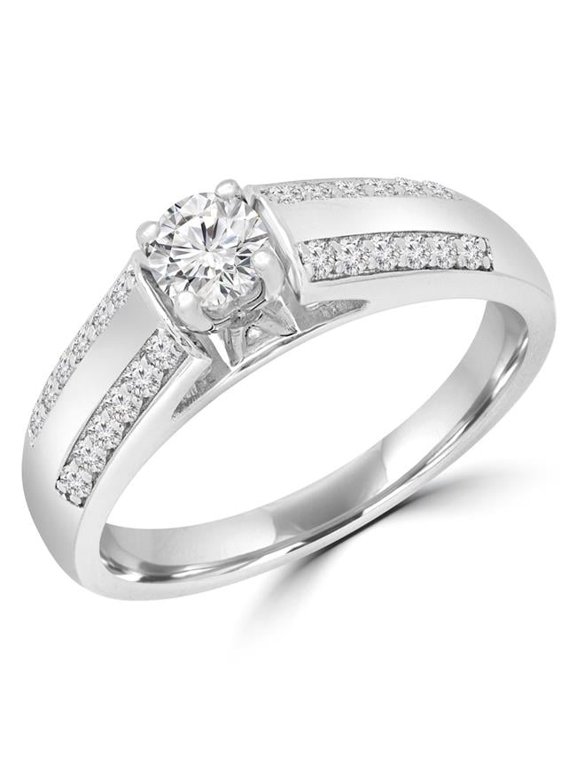 0.4 CTW Round Diamond Split Shank Solitaire with Accents Engagement Ring in 14K White Gold - Size 4.5