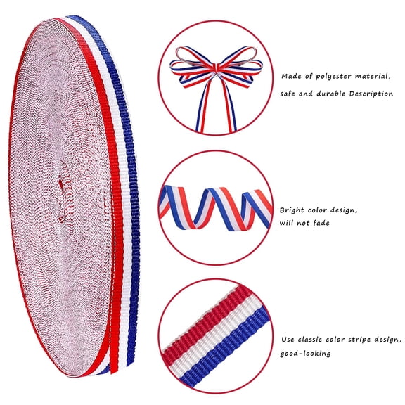 0.4 Inch Red White Blue Patriotic Ribbon Roll, 2026 Durable Grosgrain Ribbon for Memorial Day, Parties, Wrapping & Craft Projects