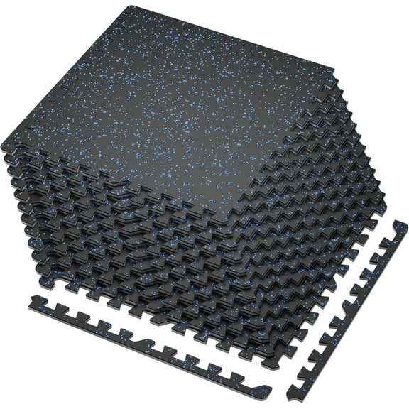 0.4'' Thick 12 Pcs 48 Sq Ft Rubber Top Exercise Equipment Mats, High Density EVA Foam Mats with Rubber Top, Interlocking Gym Flooring for Home Gym, Protective Workout Mat, Black/Blue