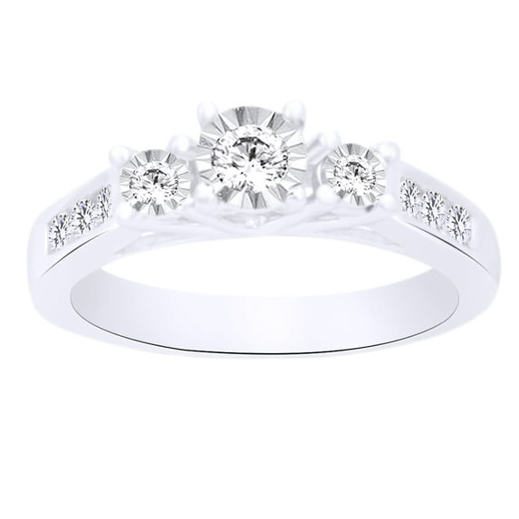 AFFY (0.4 cttw) Round Shape White Natural Diamond Three Stone Engagement Ring In 10k White Gold Ring Size-6.5