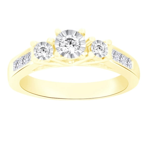 AFFY (0.4 cttw) Round Shape White Natural Diamond Three Stone Engagement Ring In 10k Yellow Gold Ring Size-6
