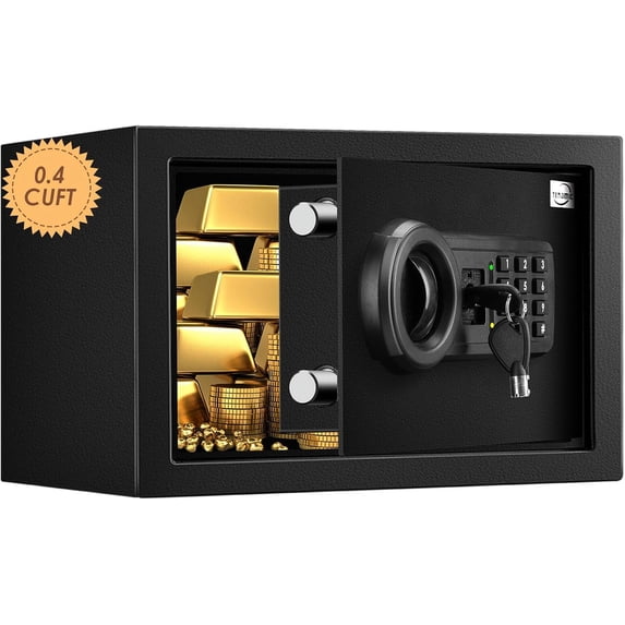 0.4 cubic feet fireproof, waterproof, keypad small safe, solid alloy steel office hotel home mini safe, black.