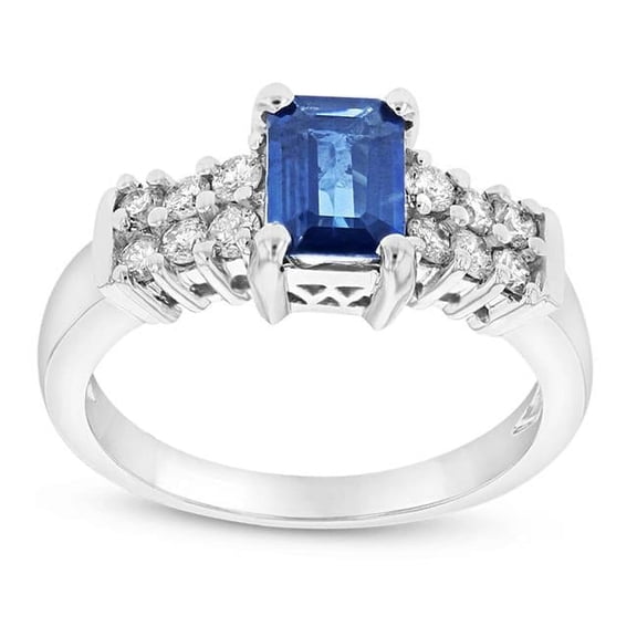 0.40 CTW Diamond & Emerald Cut Sapphire Ring, 14K Gold - Size 6