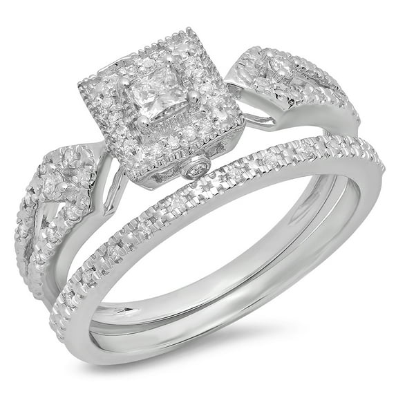 0.40 Carat (Ctw) 18k White Gold Princess & Round Diamond Ladies Bridal Engagement Ring Matching Band Set 1/2 CT