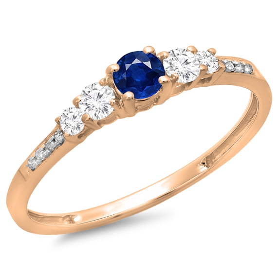 0.40 Carat (ctw) 10K Rose Gold Round Cut Blue Sapphire & White Diamond Ladies Bridal 5 Stone Engagement Ring