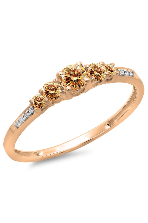 0.40 Carat (ctw) 10K Rose Gold Round Cut Champagne & White Diamond Ladies Bridal 5 Stone Engagement Ring