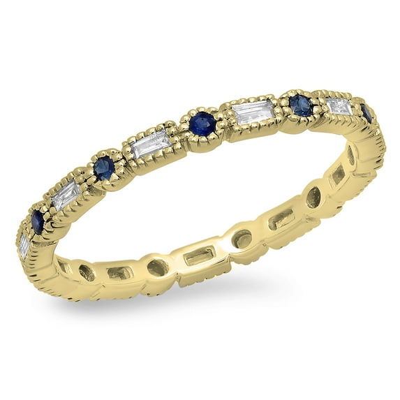 0.40 Carat (ctw) 10K Yellow Gold Round & Baguette Blue Sapphire & White Diamond Ladies Vintage Style Anniversary Wedding