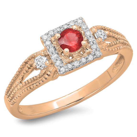 0.40 Carat (ctw) 18K Rose Gold Round Cut Red Ruby & White Diamond Ladies Bridal Vintage Halo Style Engagement Ring