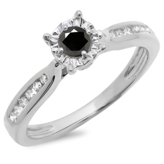 0.40 Carat (ctw) 18K White Gold Round Cut Black & White Diamond Ladies Bridal Solitaire With Accents Engagement Ring