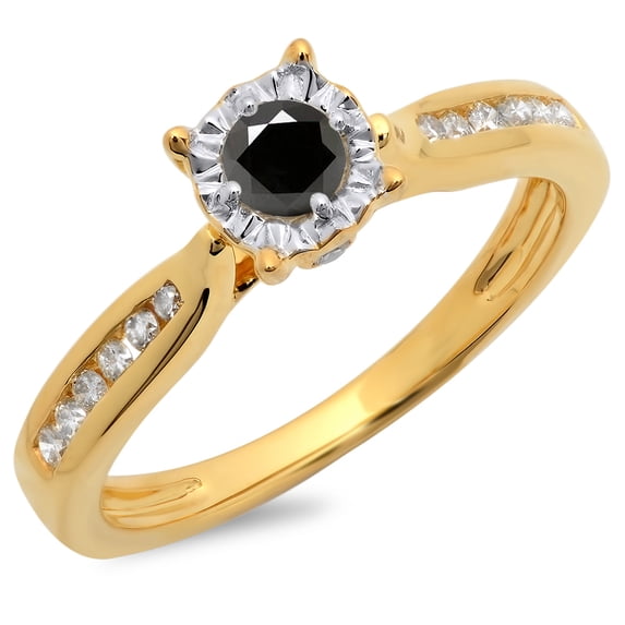 0.40 Carat (ctw) 18K Yellow Gold Round Cut Black & White Diamond Ladies Bridal Solitaire With Accents Engagement Ring