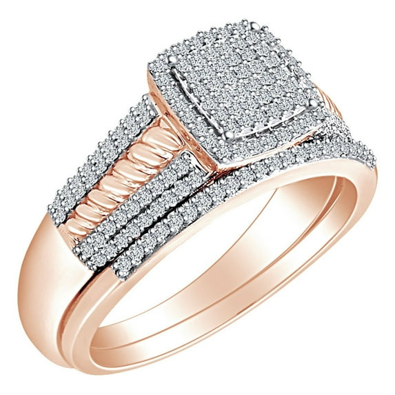 AFFY 0.40 Cttw Round Cut White Natural Diamond Halo Engagement Wedding Ring Set In 10k Solid Rose Gold (I-J Color)