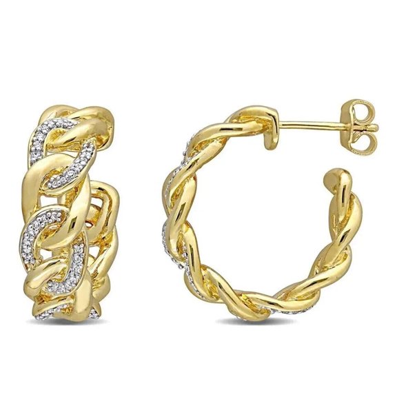 0.40CT Round Cut Simulated Diamond Cuban Link Hoop Stud Earrings 14K Yellow Gold Plated 925 Silver.