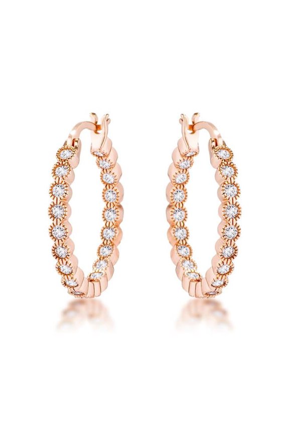 0.44 CT Rose Gold Plated Dotted Clear CZ Round Bezel Hoop Earrings
