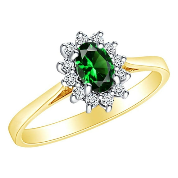 AFFY 0.45 Carat (Ctw) Simulated Emerald & White Natural Diamond Cluster Engagement Ring In 14k Solid Yellow Gold Ring Size-9