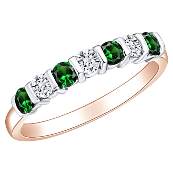 AFFY 0.45 Carat (Ctw) Simulated Emerald & White Natural Diamond Eternity Wedding Band Ring In 14k Solid Rose Gold Ring Size-9