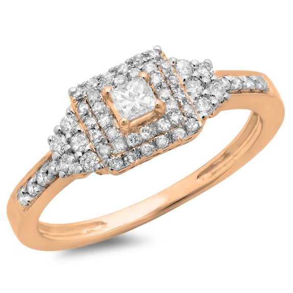 0.45 Carat (ctw) 10K Rose Gold Princess & Round Diamond Ladies Bridal Halo Engagement Ring 1/2 CT