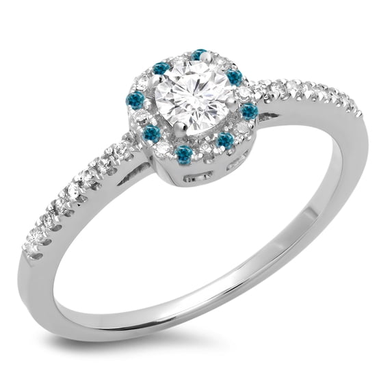 0.45 Carat (ctw) 10K White Gold Round Cut Blue & White Diamond Ladies Halo Style Bridal Engagement Ring 1/2 CT