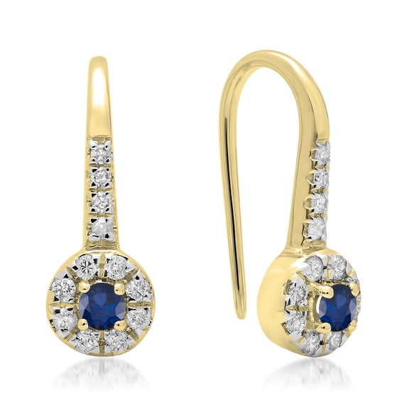 0.45 Carat (ctw) 10K Yellow Gold Round Blue Sapphire & White Diamond Ladies Halo Style Dangling Drop Earrings 1/2 CT