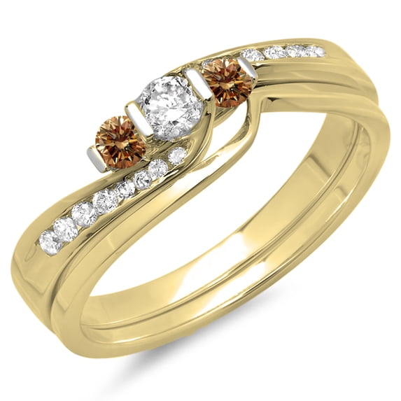 0.45 Carat (ctw) 10K Yellow Gold Round Champagne & White Diamond Ladies Swirl Bridal 3 Stone Engagement Ring With Matchi
