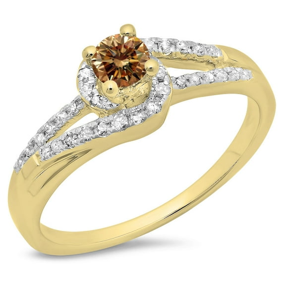 0.45 Carat (ctw) 10K Yellow Gold Round Cut Champagne & White Diamond Ladies Twisted Split Shank Bridal Engagement Ring 1
