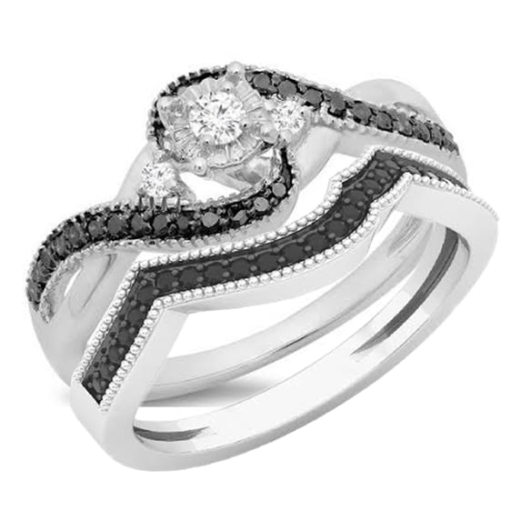 0.45 Carat (ctw) 14K White Gold Round Black & White Diamond Ladies Bridal Twisted Swirl 3 Stone Engagement Ring Set 1/2